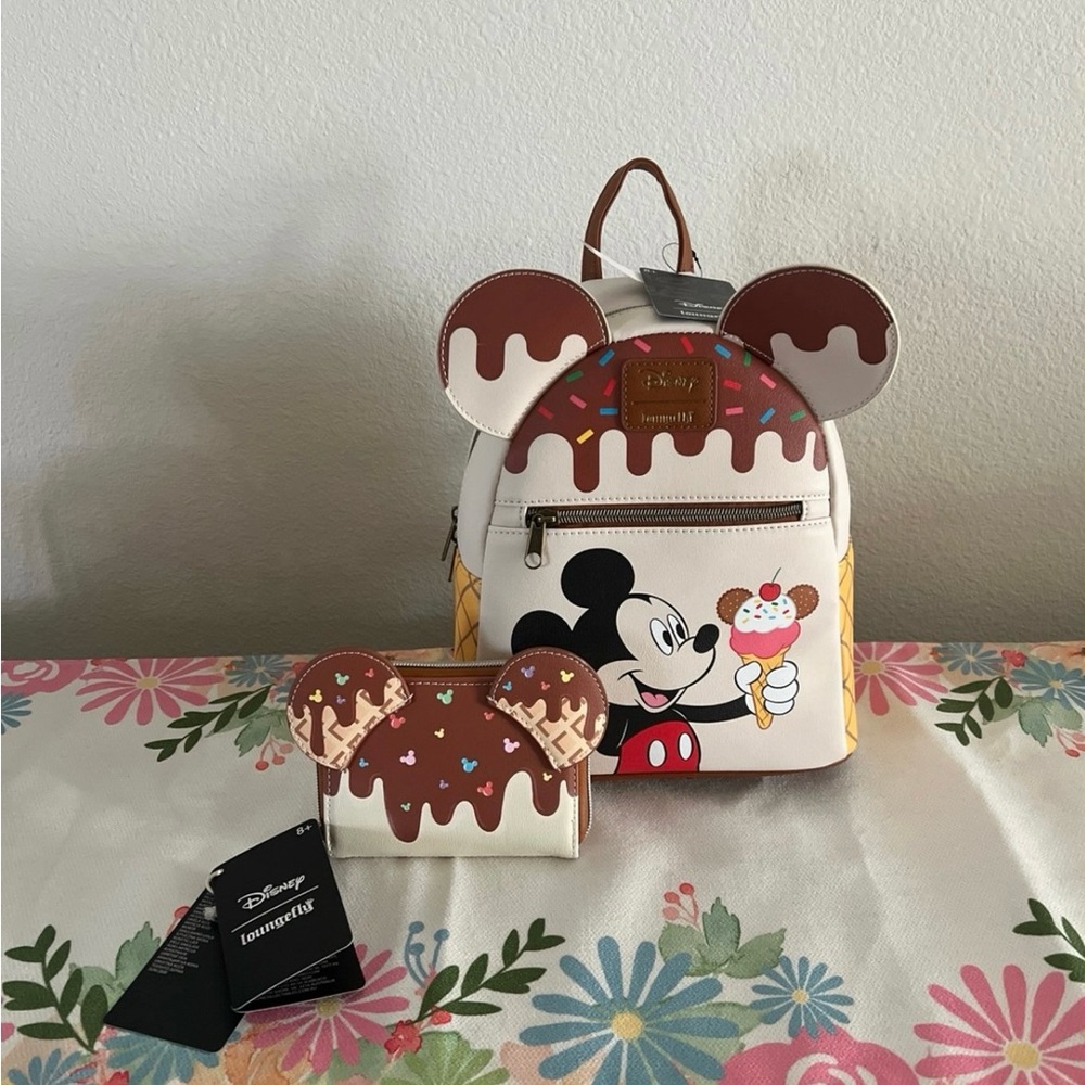 Ice cream Mickey Loungefly backpack and matching loungefly wallet